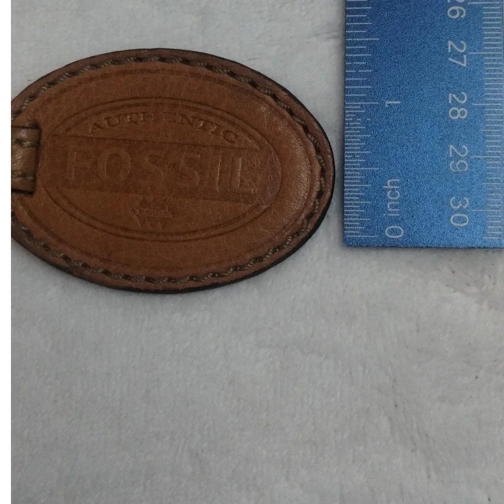 Fossil Brown Leather Oval‎ Logo Fob Brass Skeleton Key Bag Charm Keychain